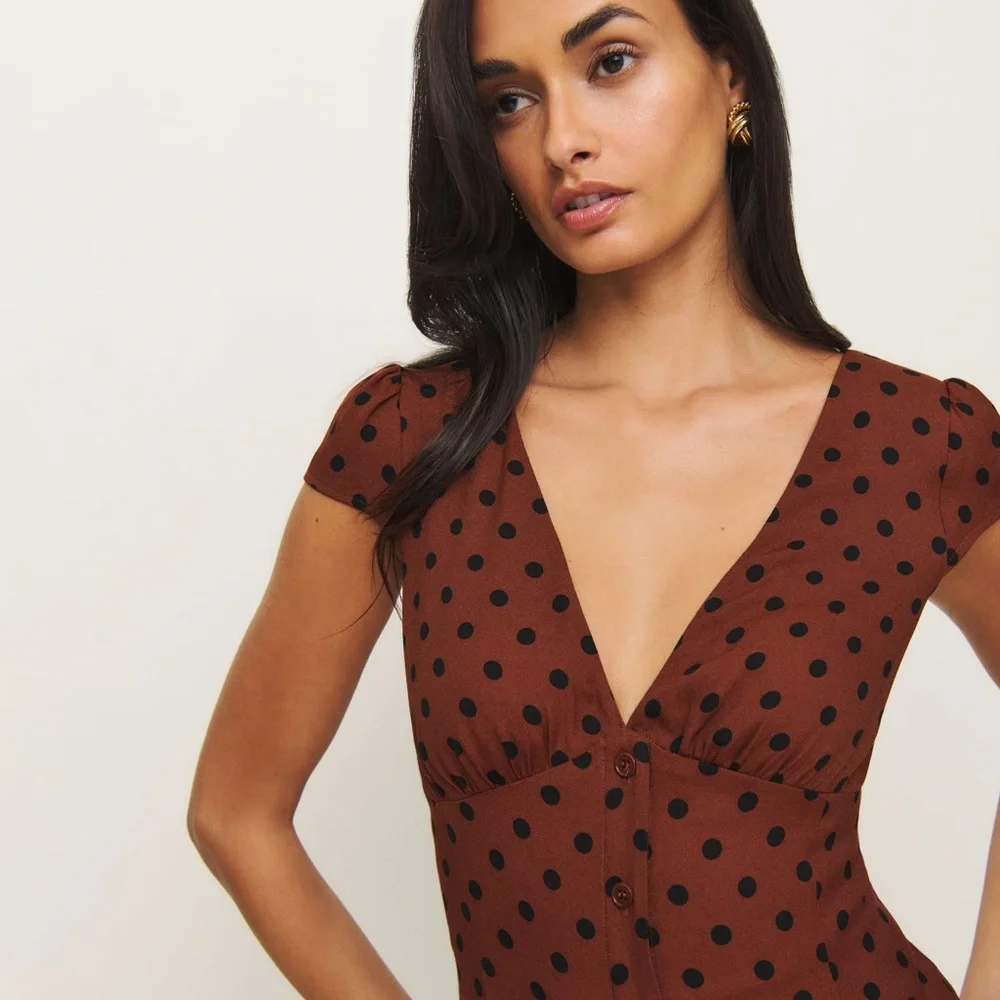 Reformation Brown Polka Dot Midi Dress with Black Spots - Picture 2 of 5